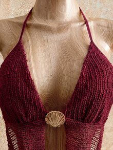 Mistrie 女款貝殼金屬飾品掛脖鏤空繫帶洋裝 - 酒紅色 - 查看 6