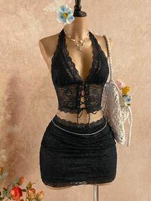 Mistrie Set de 2 blusas transparentes con cordones y ojales de encaje para mujer, para primavera/verano - Negro - Ver 3