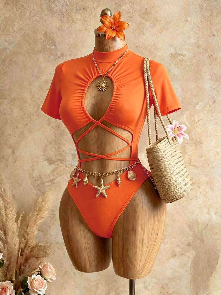 Mistrie Dark Sexy Tropical One-Piece Bodysuit, Semi-High Neck Short Sleeve Hollow Out Criss-Cross Lace-Up Design, Hot Girl Slim Fit Beach Vacation Date - Orange - View 4