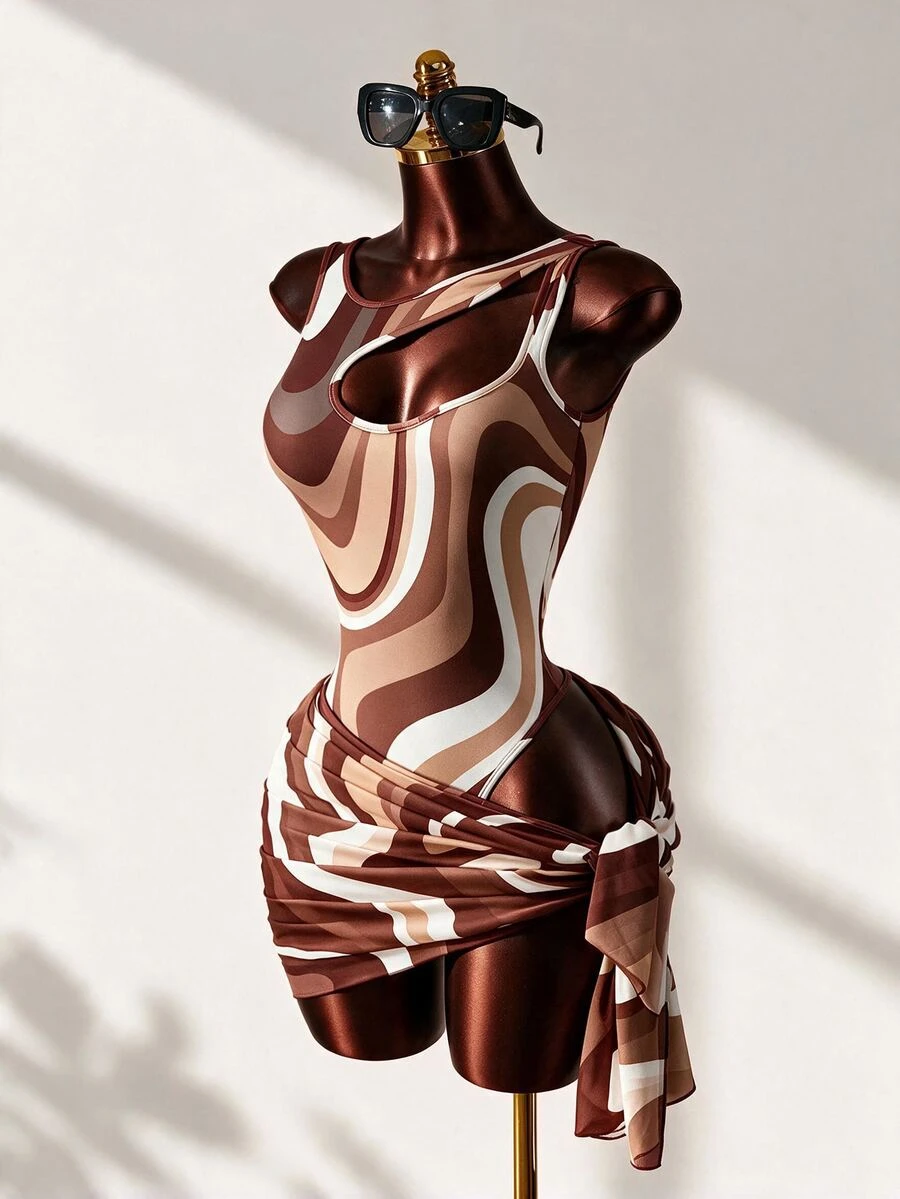 Mistrie Brown Contrast Color Wavy Romper,Hollow Shoulder Slim-Fit Bikini Top & Printed Chiffon Skirt 2-Piece Swimsuit Set,Summer Casual Holiday Vacation - Brown - View 1