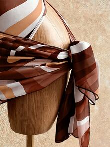 Mistrie Brown Contrast Color Wavy Romper,Hollow Shoulder Slim-Fit Bikini Top & Printed Chiffon Skirt 2-Piece Swimsuit Set,Summer Casual Holiday Vacation - Brown - View 9