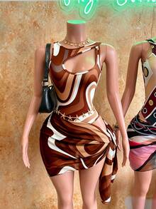 Mistrie Brown Contrast Color Wavy Romper,Hollow Shoulder Slim-Fit Bikini Top & Printed Chiffon Skirt 2-Piece Swimsuit Set,Summer Casual Holiday Vacation - Brown - View 8