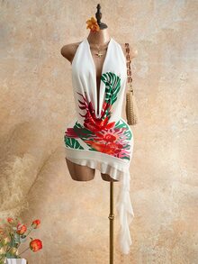 Mistrie White Floral Summer Casual Holiday Pool Party Vacation Holiday Women's Tropical Print Draped Neck Backless Ruffle Asymmetric Chiffon Dress - White - View 8