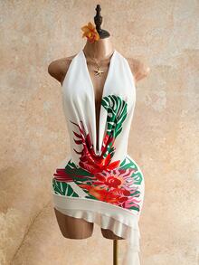 Mistrie White Floral Summer Casual Holiday Pool Party Vacation Holiday Women's Tropical Print Draped Neck Backless Ruffle Asymmetric Chiffon Dress - White - View 3