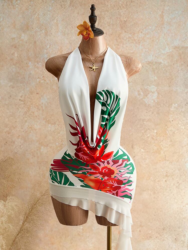Mistrie White Floral Summer Casual Holiday Pool Party Vacation Holiday Women's Tropical Print Draped Neck Backless Ruffle Asymmetric Chiffon Dress - White - View 3