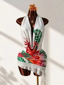 Mistrie White Floral Summer Casual Holiday Pool Party Vacation Holiday Women's Tropical Print Draped Neck Backless Ruffle Asymmetric Chiffon Dress - White - View 1