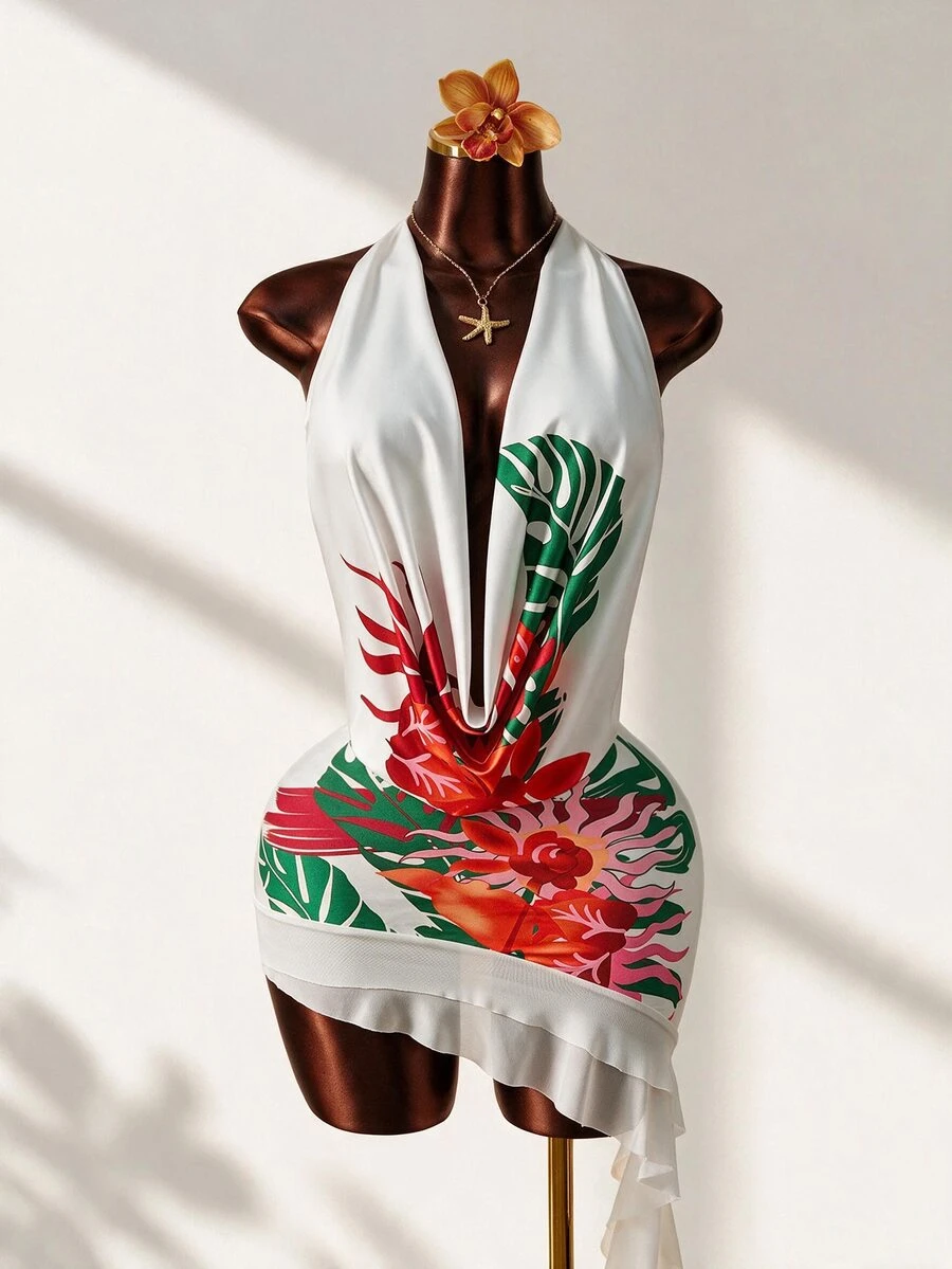 Mistrie White Floral Summer Casual Holiday Pool Party Vacation Holiday Women's Tropical Print Draped Neck Backless Ruffle Asymmetric Chiffon Dress - White - View 1