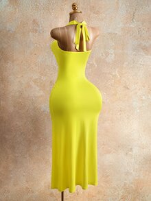 Mistrie Women's Solid Color V-Neck Halter Backless Sleeveless Fashion Summer Dress - Light Yellow - View 2