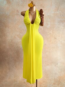 Mistrie Women's Solid Color V-Neck Halter Backless Sleeveless Fashion Summer Dress - Light Yellow - View 4