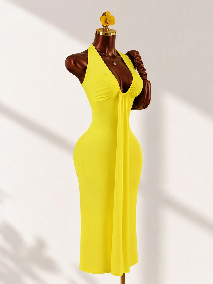 Mistrie Women's Solid Color V-Neck Halter Backless Sleeveless Fashion Summer Dress - Light Yellow - View 1