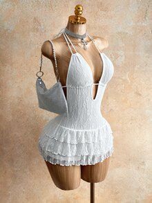 Mistrie 女款蕾絲拼接純色掛脖露背時尚連身褲 - 白色 - 查看 8
