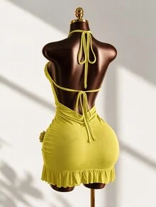 Mistrie 女士性感抽绳迷你紧身连衣裙，夏季时尚绿色吊带迷你连衣裙，后背系带，适合派对之夜，女士夜店装扮，性感女士 - 黃色 - 查看 2