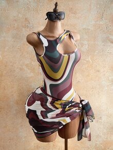 Mistrie Dark Brown Summer Casual Breezy Sexy Beach Party Vacation Holiday 2 Pieces Swimsuit Set Contrast Color Wavy Hollow Romper Printed Chiffon Skirt Set - Multicolor - View 7