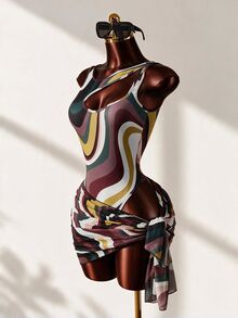 Mistrie Dark Brown Summer Casual Breezy Sexy Beach Party Vacation Holiday 2 Pieces Swimsuit Set Contrast Color Wavy Hollow Romper Printed Chiffon Skirt Set - Multicolor - View 2