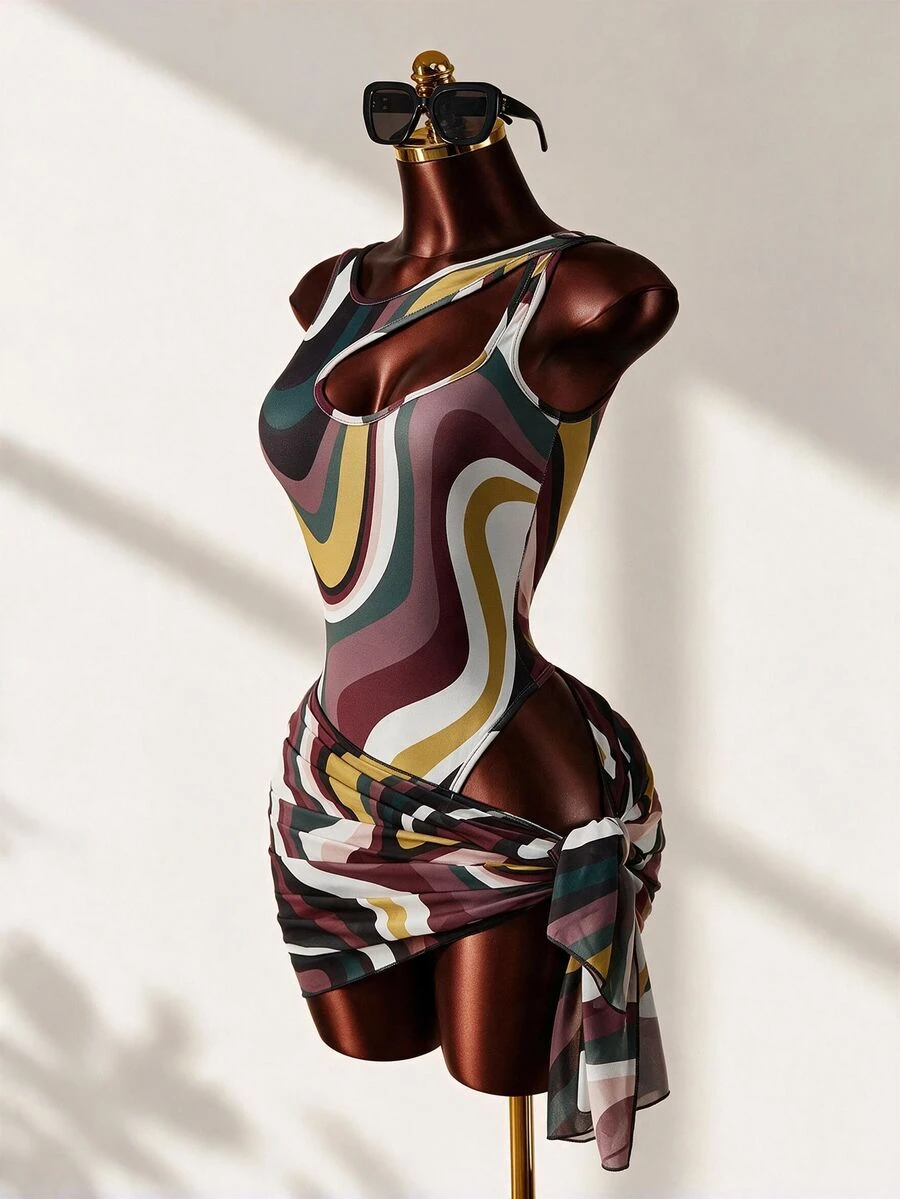Mistrie Dark Brown Summer Casual Breezy Sexy Beach Party Vacation Holiday 2 Pieces Swimsuit Set Contrast Color Wavy Hollow Romper Printed Chiffon Skirt Set