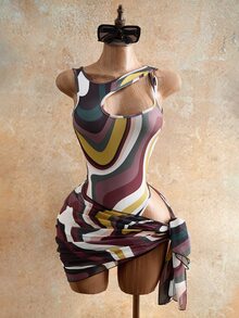 Mistrie Dark Brown Summer Casual Breezy Sexy Beach Party Vacation Holiday 2 Pieces Swimsuit Set Contrast Color Wavy Hollow Romper Printed Chiffon Skirt Set - Multicolor - View 8
