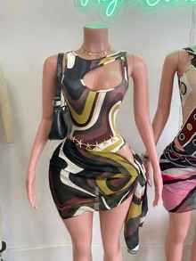 Mistrie Dark Brown Summer Casual Breezy Sexy Beach Party Vacation Holiday 2 Pieces Swimsuit Set Contrast Color Wavy Hollow Romper Printed Chiffon Skirt Set - Multicolor - View 5