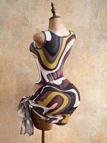 Mistrie Dark Brown Summer Casual Breezy Sexy Beach Party Vacation Holiday 2 Pieces Swimsuit Set Contrast Color Wavy Hollow Romper Printed Chiffon Skirt Set - Multicolor - View 3