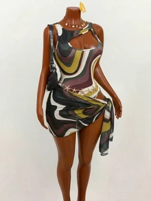 Mistrie Dark Brown Summer Casual Breezy Sexy Beach Party Vacation Holiday 2 Pieces Swimsuit Set Contrast Color Wavy Hollow Romper Printed Chiffon Skirt Set - Multicolor - View 6