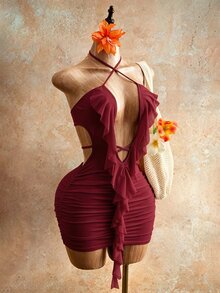 Mistrie Women's Short Hollow Tie-Up Ruffle Hem Halter Neck Dress - Burgundy - View 4
