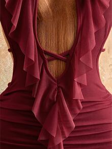 Mistrie Women's Short Hollow Tie-Up Ruffle Hem Halter Neck Dress - Burgundy - View 7