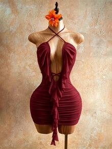 Mistrie Women's Short Hollow Tie-Up Ruffle Hem Halter Neck Dress - Burgundy - View 3