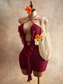 Mistrie Women's Short Hollow Tie-Up Ruffle Hem Halter Neck Dress - Burgundy - View 8
