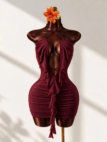 Mistrie Women's Short Hollow Tie-Up Ruffle Hem Halter Neck Dress - Burgundy - View 1