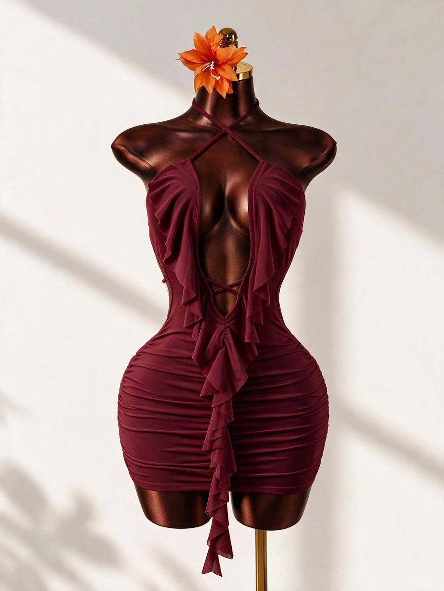 Mistrie Women's Short Hollow Tie-Up Ruffle Hem Halter Neck Dress - Burgundy - View 1