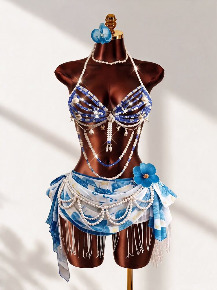Mistrie Women's Summer Beaded Shell Crystal Decor Swimwear Set Beach All White White And Blue Floral Sexy Tropical Tropical - Blue - View 1