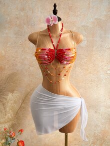 Mistrie Women's Crystal Beaded Halter Top, Summer, 70's, Music Festival, Party Disco Belly Dancer, Halter Neck Sequin Rhinestone Club Wear - Hot Pink - View 7