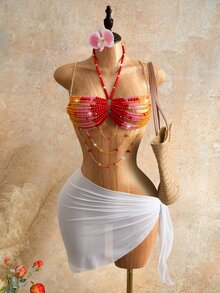 Mistrie Women's Crystal Beaded Halter Top, Summer, 70's, Music Festival, Party Disco Belly Dancer, Halter Neck Sequin Rhinestone Club Wear - Hot Pink - View 5