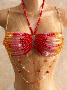 Mistrie Women's Crystal Beaded Halter Top, Summer, 70's, Music Festival, Party Disco Belly Dancer, Halter Neck Sequin Rhinestone Club Wear - Hot Pink - View 6