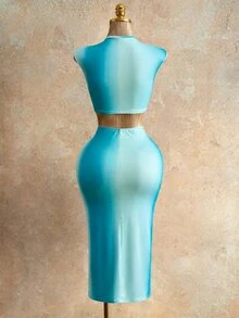 Mistrie Vestido sin espalda con estampado degradado para mujer, adecuado para vacaciones en la playa - Azul - Ver 3