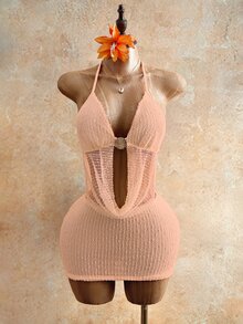 Mistrie 女士贝壳金属装饰露背镂空系带连衣裙 - 粉色 - 查看 5