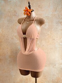 Mistrie 女士贝壳金属装饰露背镂空系带连衣裙 - 粉色 - 查看 8