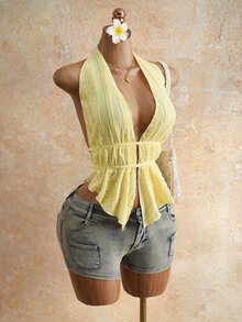 Mistrie Women's Jacquard Knit Sexy Backless Camisole Top For Vacation Akon And Neyo - Light Yellow - View 7