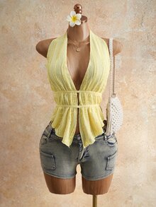 Mistrie Women's Jacquard Knit Sexy Backless Camisole Top For Vacation Akon And Neyo - Light Yellow - View 5