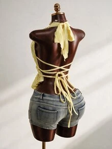 Mistrie Women's Jacquard Knit Sexy Backless Camisole Top For Vacation Akon And Neyo - Light Yellow - View 1