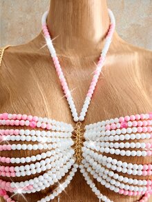Mistrie 女款夏季性感水晶串珠背心上衣，適合海島海灘派對、夜店、度假，白色與粉色 - 淺粉色 - 查看 7