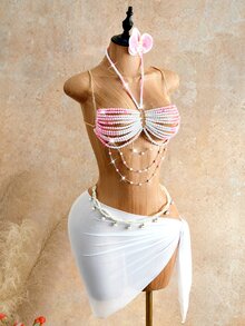 Mistrie 女款夏季性感水晶串珠背心上衣，適合海島海灘派對、夜店、度假，白色與粉色 - 淺粉色 - 查看 6