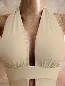 Mistrie 女士性感纯色露背吊带迷你连衣裙，夏季 - 杏色 - 查看 7