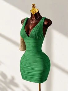 Mistrie Women's Yellow Ruched V-Neck Tie Shoulder Bodycon Mini Dress - Summer Casual/Sexy Party Outfit - Green - View 1