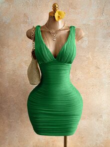 Mistrie Women's Yellow Ruched V-Neck Tie Shoulder Bodycon Mini Dress - Summer Casual/Sexy Party Outfit - Green - View 4