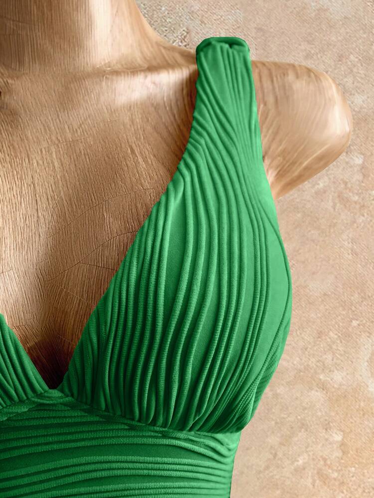 Mistrie Women's Yellow Ruched V-Neck Tie Shoulder Bodycon Mini Dress - Summer Casual/Sexy Party Outfit - Green - View 5
