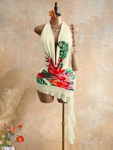 Mistrie Tropical Flowy Floral Print Draped Neck Ruffle Low Neck Backless Flounce Asymmetrical Chiffon Patchwork Dress Bohemian Sexy Beach Beige Summer - Pale Yellow - View 9