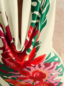 Mistrie Tropical Flowy Floral Print Draped Neck Ruffle Low Neck Backless Flounce Asymmetrical Chiffon Patchwork Dress Bohemian Sexy Beach Beige Summer - Pale Yellow - View 4
