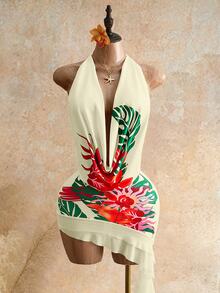 Mistrie Tropical Flowy Floral Print Draped Neck Ruffle Low Neck Backless Flounce Asymmetrical Chiffon Patchwork Dress Bohemian Sexy Beach Beige Summer - Pale Yellow - View 8
