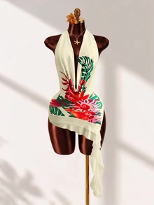 Mistrie Tropical Flowy Floral Print Draped Neck Ruffle Low Neck Backless Flounce Asymmetrical Chiffon Patchwork Dress Bohemian Sexy Beach Beige Summer - Pale Yellow - View 1