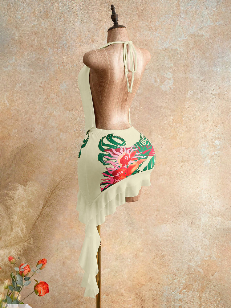 Mistrie Tropical Flowy Floral Print Draped Neck Ruffle Low Neck Backless Flounce Asymmetrical Chiffon Patchwork Dress Bohemian Sexy Beach Beige Summer - Pale Yellow - View 2